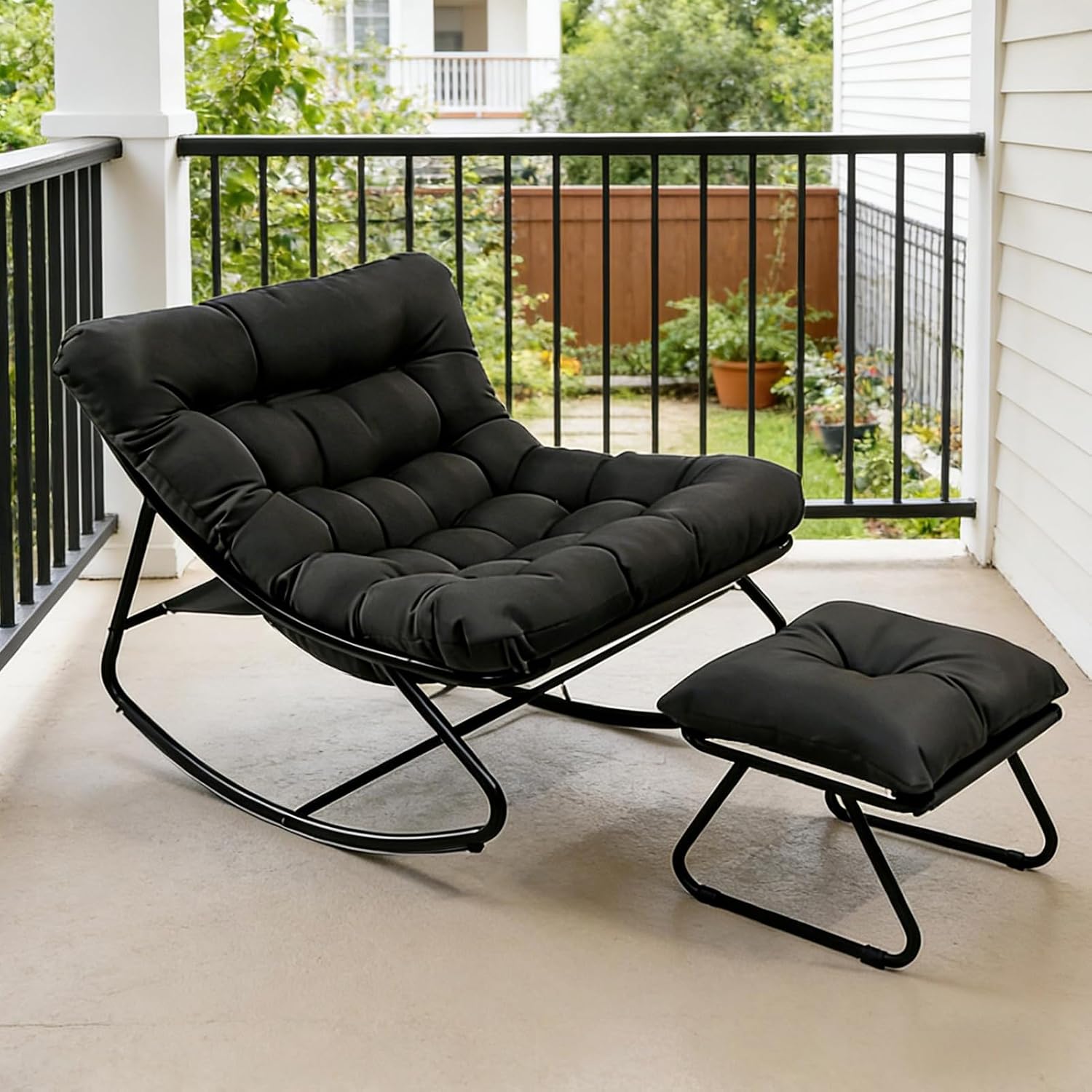 Oversized Papasan Rocker, Comfy Patio Rocking Chair, Outdoor Rocker Chair, Indoor Rocking Egg Chair with Cushion & Ottoman for Bedroom, Living Room, Front Porch (Black)
