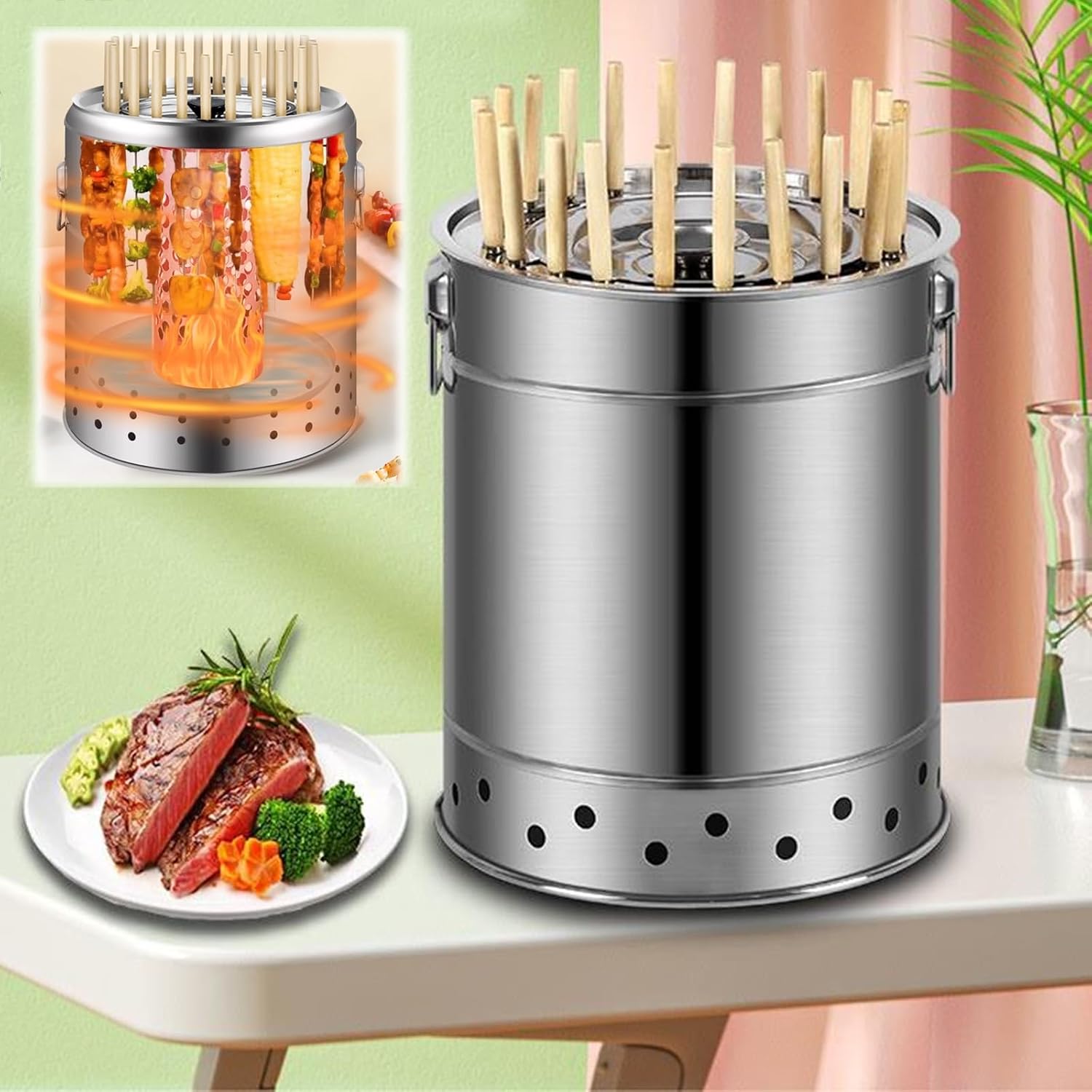 Outdoor Charcoal Grill Smokeless BBQ Hanging Grill Portable Stainless Steel BBQ Grill Oil and Carbon Separation Design Round Barrel Grill for Barbecue Party Camping(30x35cm/11.8x13.8)