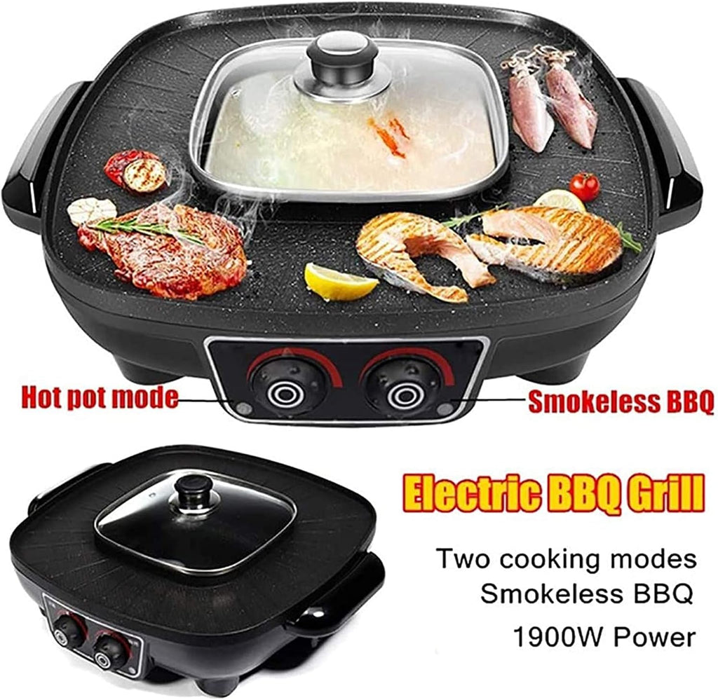 Portable Electric Grill, 2 in1 Electric Barbecue Hotpot Oven 1300/2100W Grill Smokeless Double Hotpot Machine BBQ Oven Multifunctional Cooker,Household Nonstick Electric Griddle
