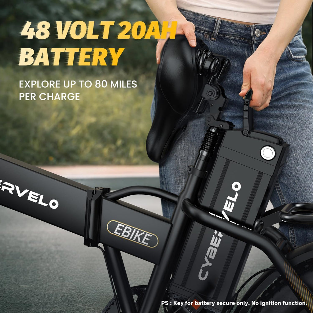 Cybervelo 750W Folding Electric Bike, 48V 20.8AH/50AH Large Removable Battery E-Bike, 80 Miles Max Range, 20' Fat Tire Electric Bike for Adults, Adult Electric Bicycles for Commute