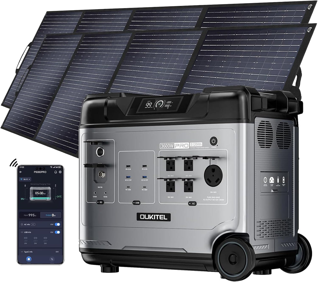 OUKITEL (2025 New) Power Station P5000 Pro With 2 * 400W Solar Panel, 5x3600W AC Output (6000W Surge),5120Wh Large Capacity Solar Generator,1000W MPPT Solar for Emergency, Home Backup, Camping