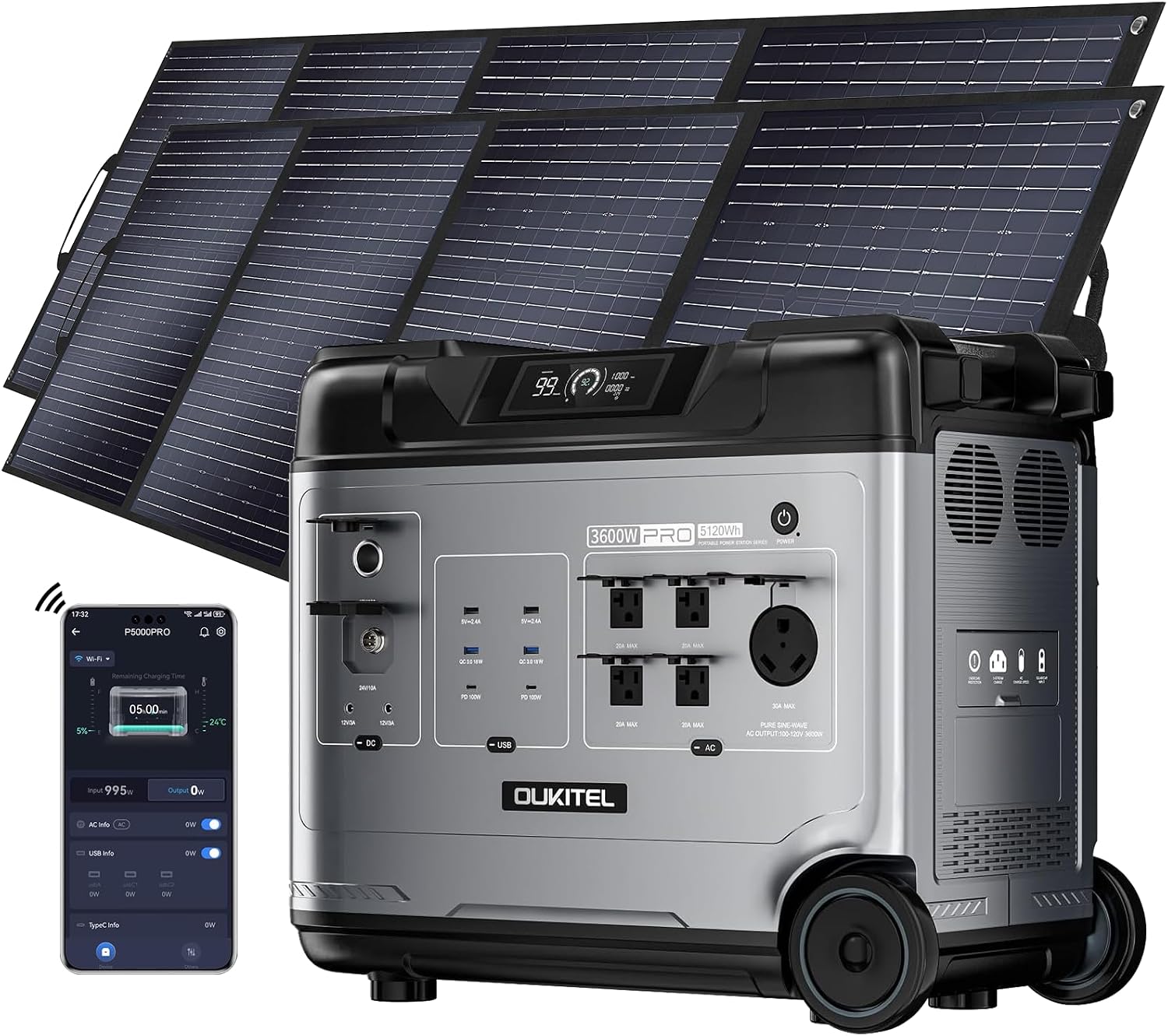 OUKITEL (2025 New) Power Station P5000 Pro With 2 * 400W Solar Panel, 5x3600W AC Output (6000W Surge),5120Wh Large Capacity Solar Generator,1000W MPPT Solar for Emergency, Home Backup, Camping