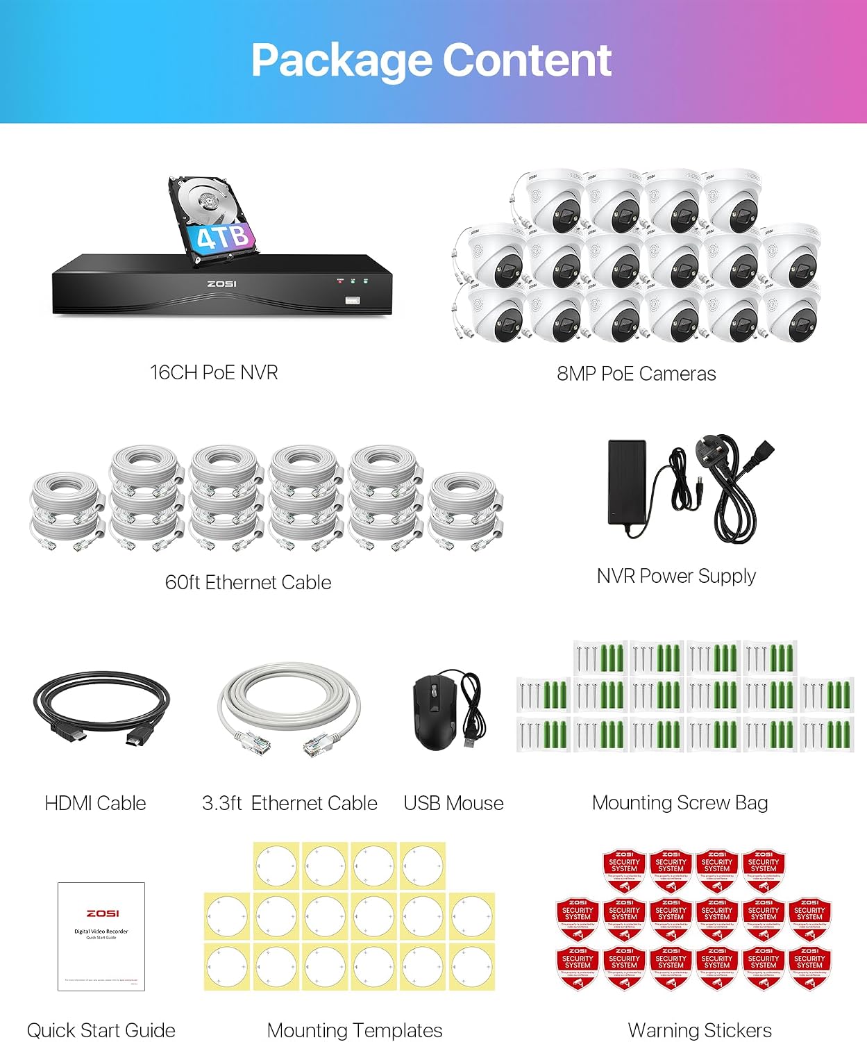 ZOSI 32CH 4K PoE Security Camera System,16pcs 8MP Dome Cameras,Person Vehicle Detection,Two-Way Talk,Spotlight Color Night Vision,16Port 32Channel NVR with 4TB HDD,24/7 Recording for Home/Business