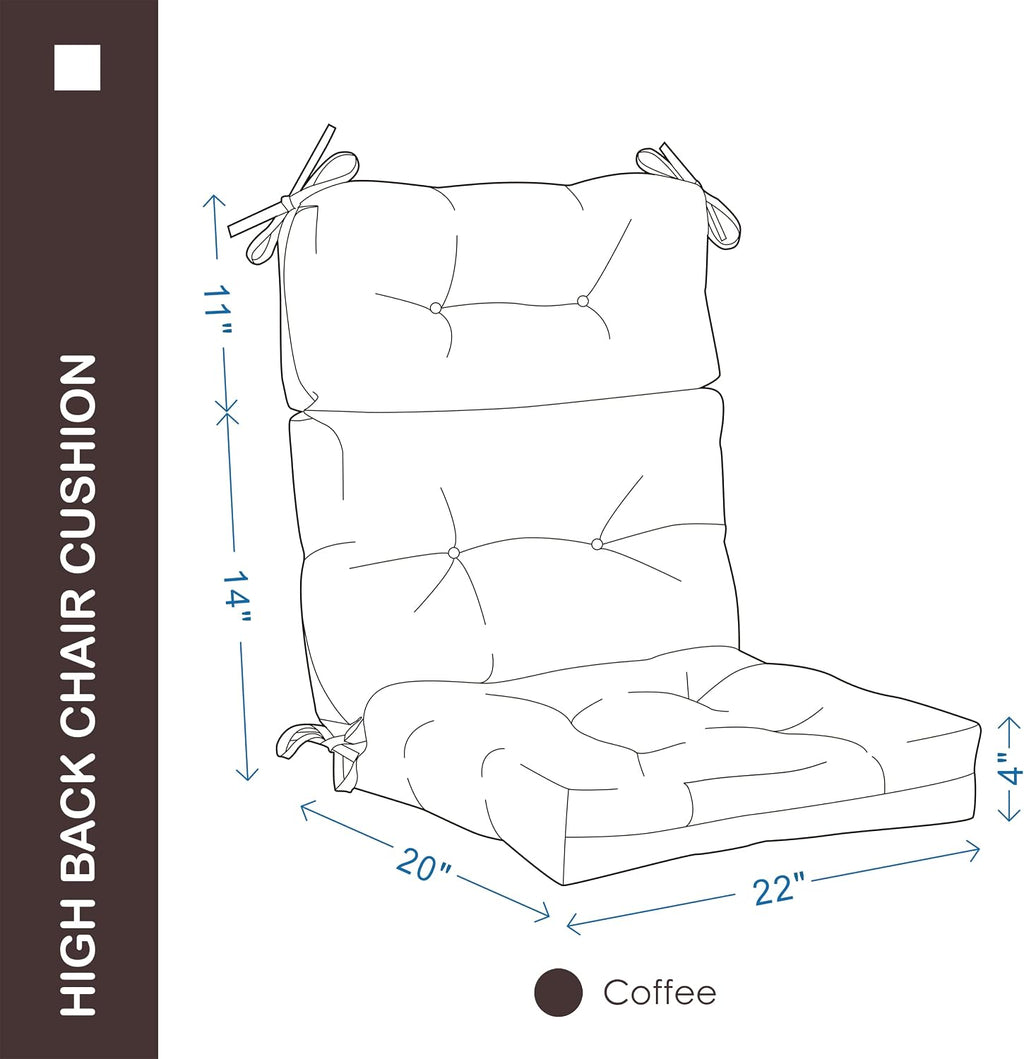 Outdoor Indoor High Back Chair Cushions Set of 4,Waterproof All-Weather Patio Adirondack Rocking Chair Cushions,Seat Back Chair Cushion for Outdoor Furniture with Ties,45x22 Inch, Coffee