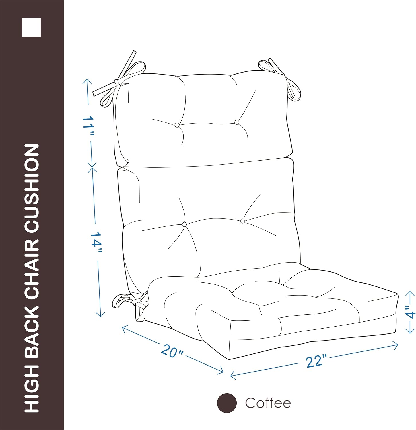 Outdoor Indoor High Back Chair Cushions Set of 4,Waterproof All-Weather Patio Adirondack Rocking Chair Cushions,Seat Back Chair Cushion for Outdoor Furniture with Ties,45x22 Inch, Coffee