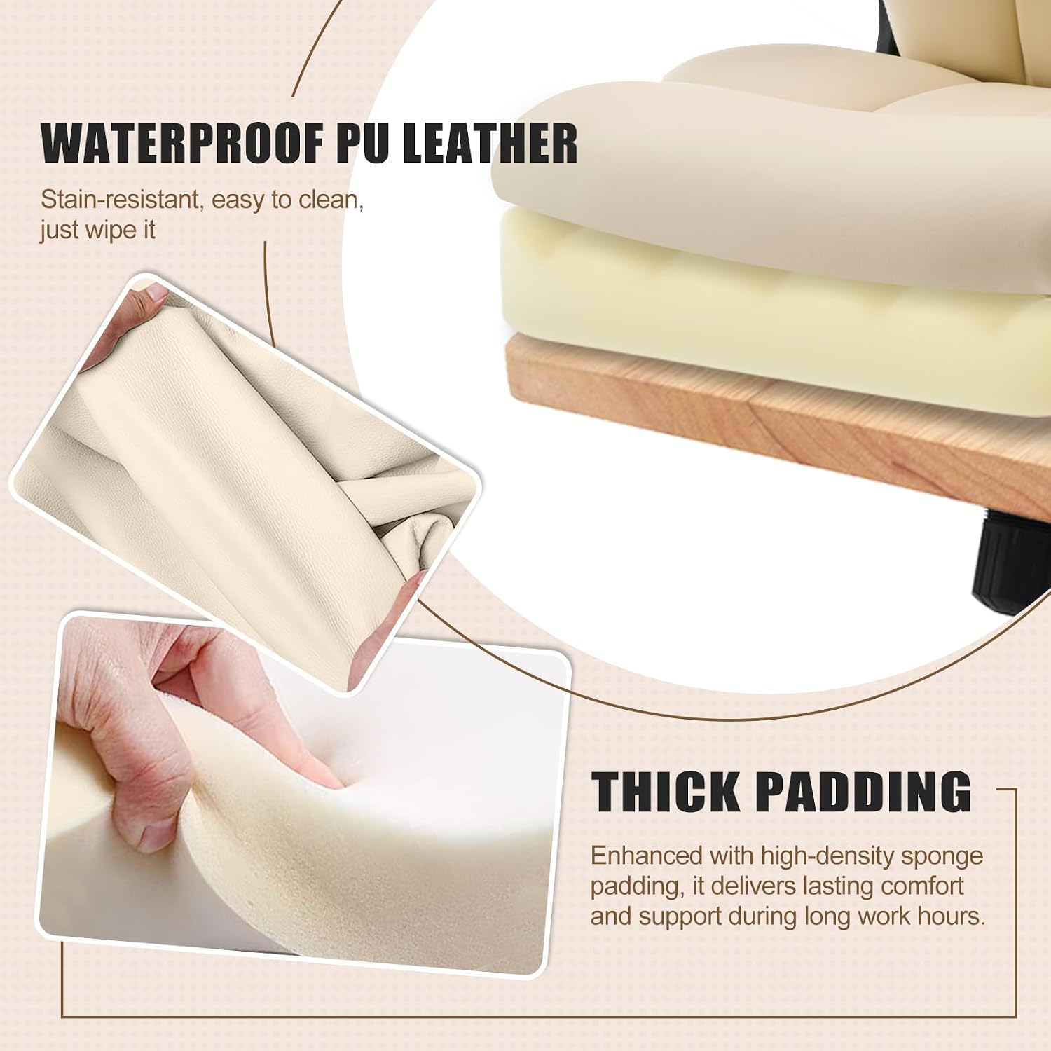 Office Chair, Ergonomic Computer Chair with Flip-up Arms Home Desk Chairs Comfy PU Leather Executive Mid Back Support Adjustable Height Tilt Lock Swivel Rolling Wheels, Cream