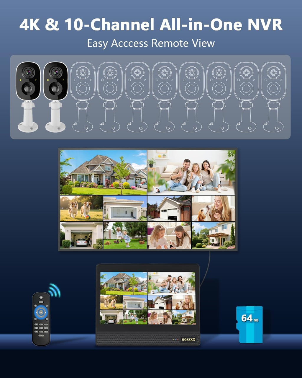 OOSSXX (100% Wire-Free) Solar Battery Home Outdoor Wireless Security Camera System Solar Powered Wi-Fi Cameras Video Surveillance with Monitor