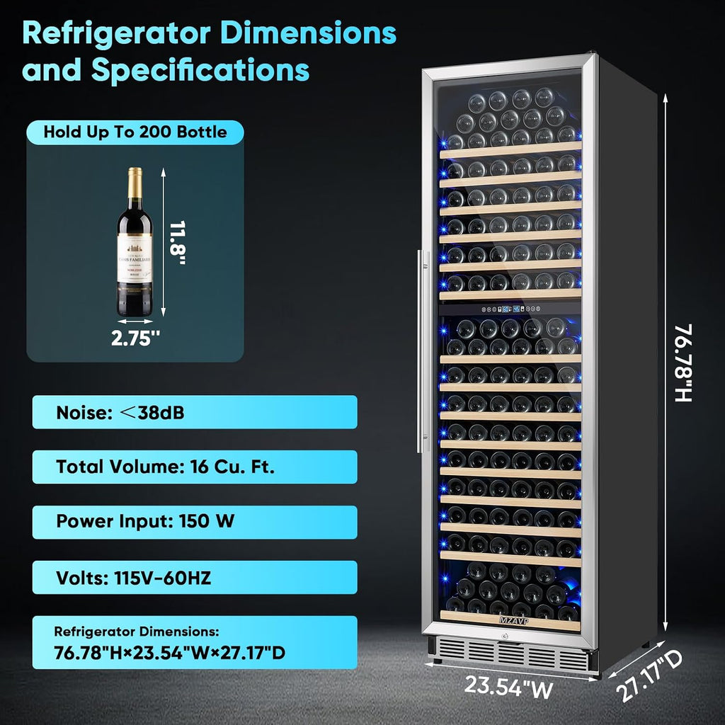 200 Bottle Wine Fridge Dual Zone, 24 Inch Wine Cooler Refrigerator Freestanding or Built-in, Professional Wine Cellar with Advanced Temperature Control and Compressor Cooling, Quiet Operation