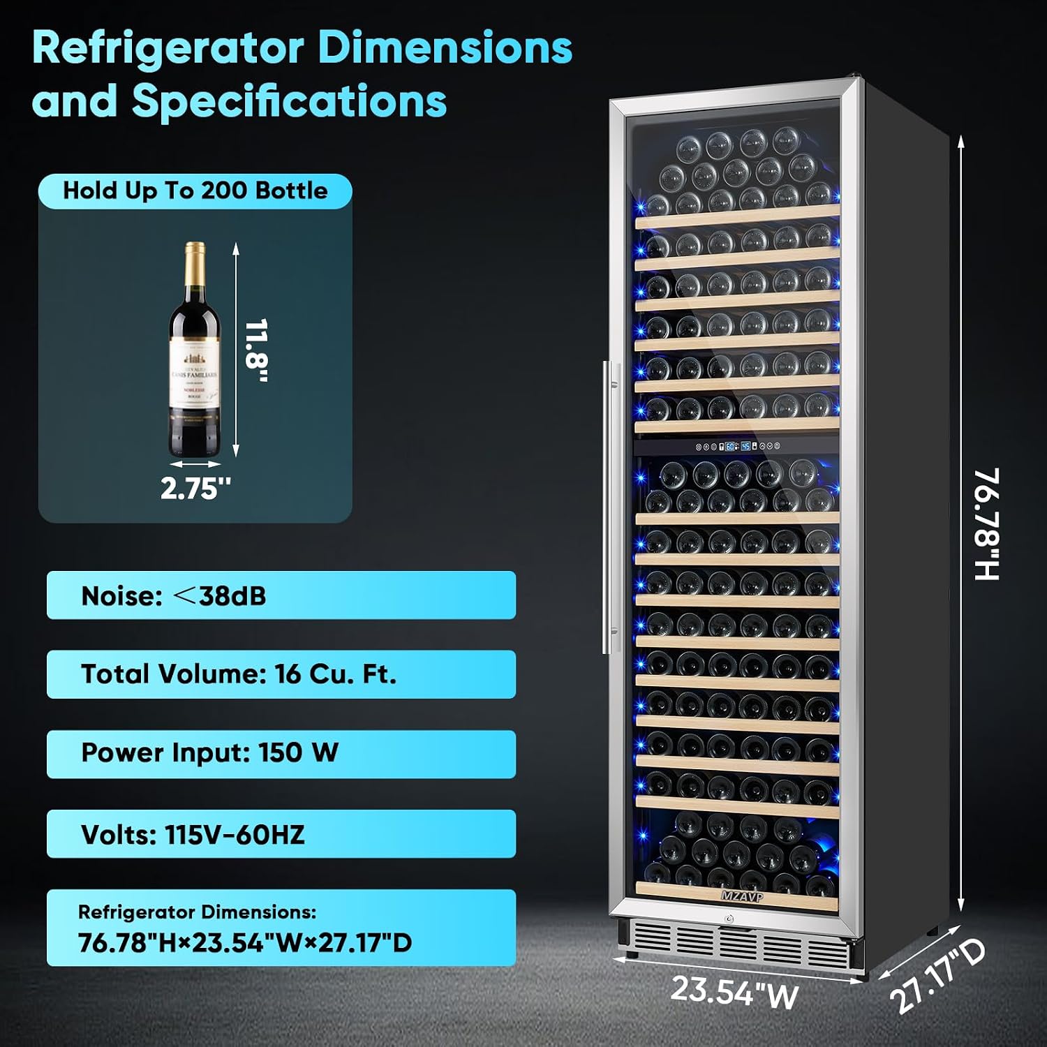 200 Bottle Wine Fridge Dual Zone, 24 Inch Wine Cooler Refrigerator Freestanding or Built-in, Professional Wine Cellar with Advanced Temperature Control and Compressor Cooling, Quiet Operation