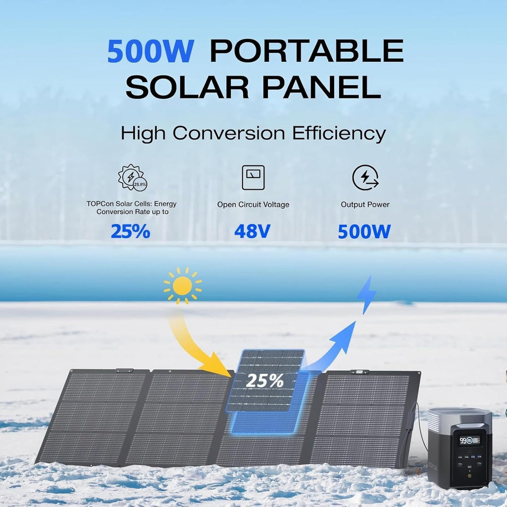 500W Portable Solar Panel for Power Station, 48V Foldable Solar Power Panels 25% High Efficiency IP68 Waterproof with 10ft 4-in-1 Cable and 10×DC Adapter, Folding Solar Panels Blanket for Camping RV