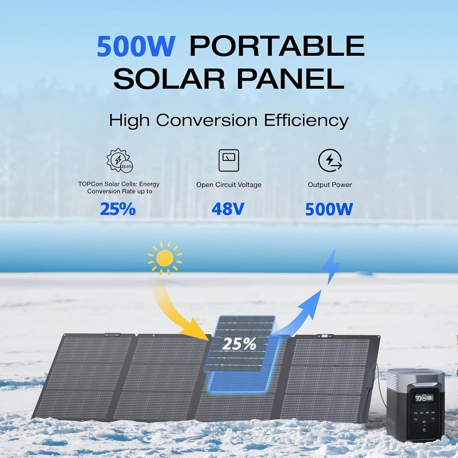 500W Portable Solar Panel for Power Station, 48V Foldable Solar Power Panels 25% High Efficiency IP68 Waterproof with 10ft 4-in-1 Cable and 10×DC Adapter, Folding Solar Panels Blanket for Camping RV