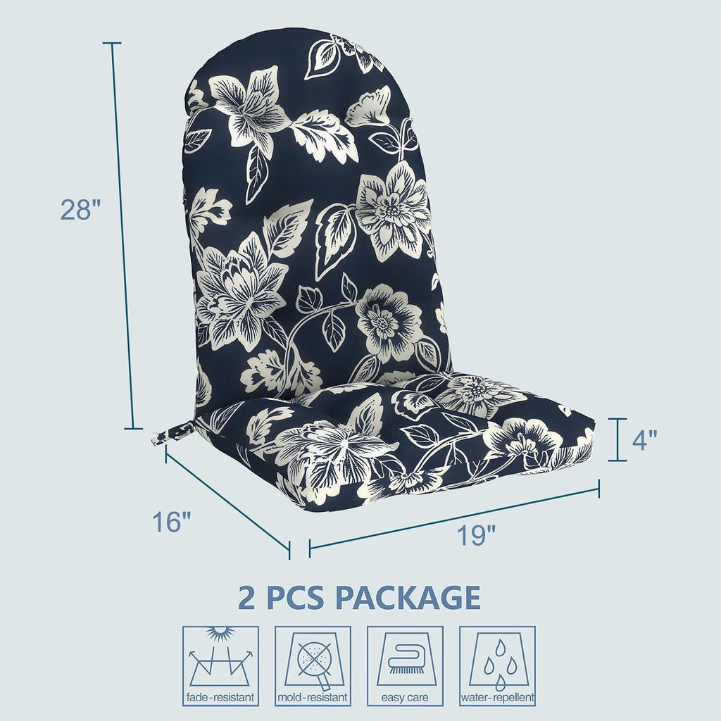 LVTXIII 2 Pack Outdoor Adirondack Chair Cushions, 44x19x4 Inch Water Repellent Patio Cushions for Rocking Chairs, Thick Tufted High Back Seat Cushion Set, Elegant Vines Navy