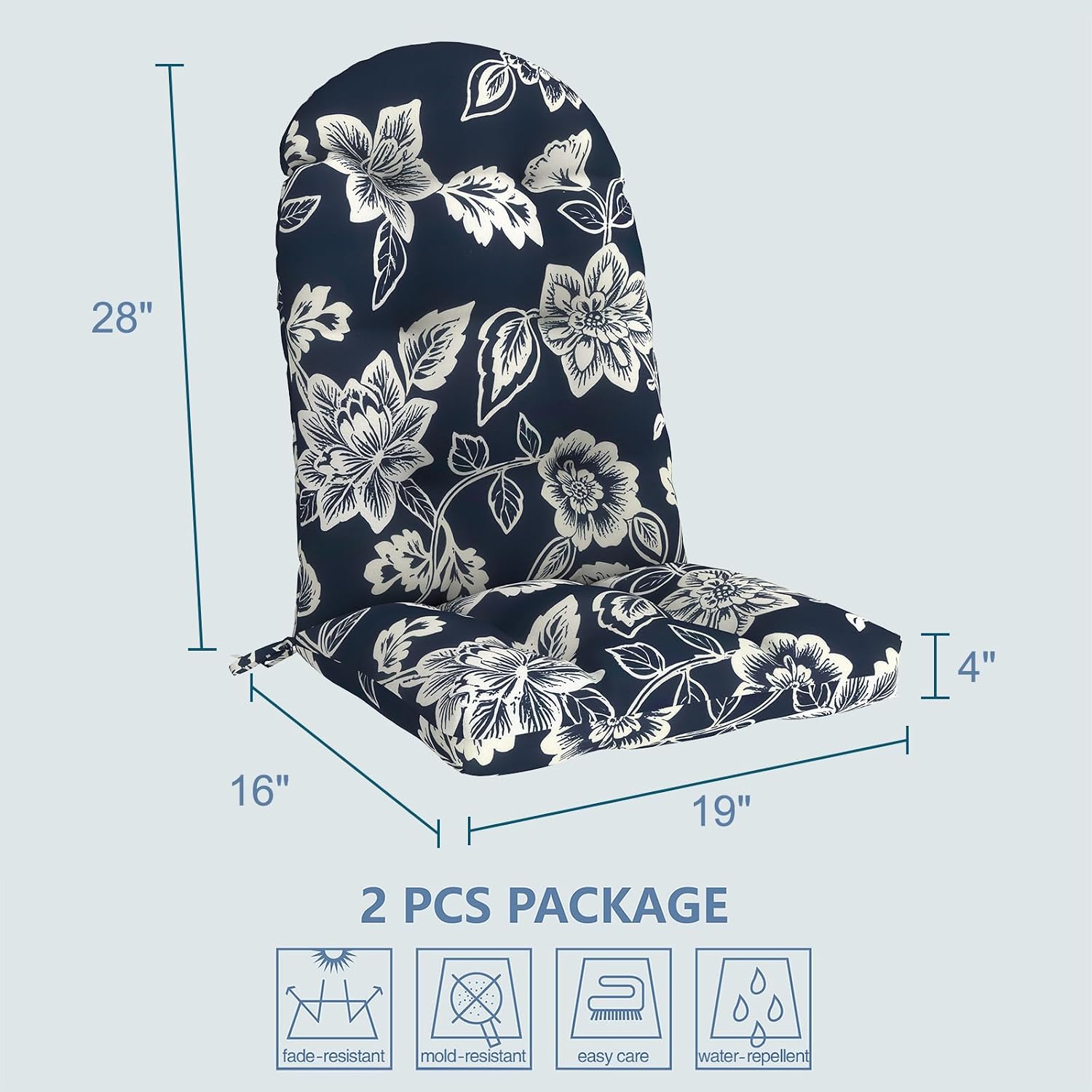 LVTXIII 2 Pack Outdoor Adirondack Chair Cushions, 44x19x4 Inch Water Repellent Patio Cushions for Rocking Chairs, Thick Tufted High Back Seat Cushion Set, Elegant Vines Navy