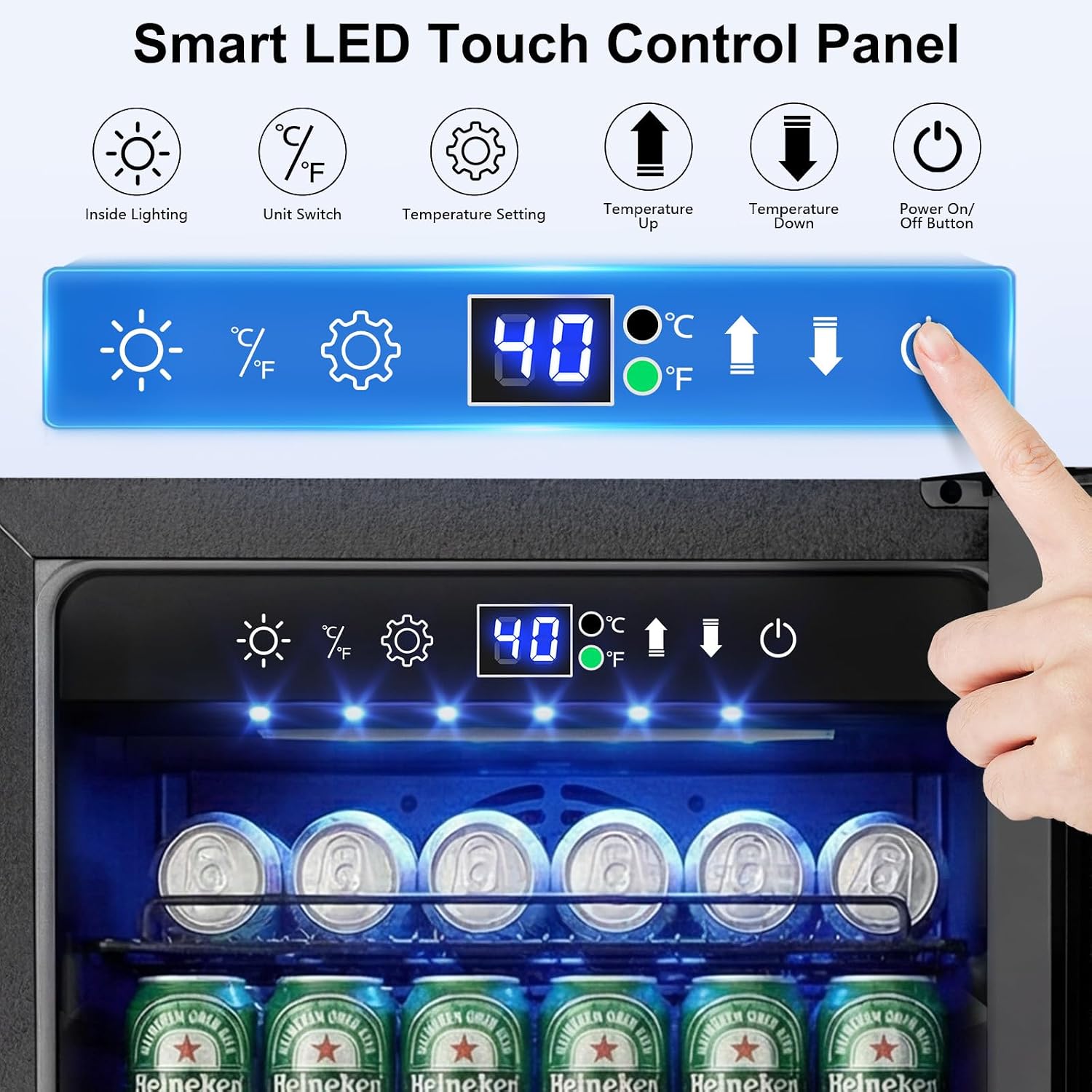 15 Inch Beverage Cooler, 127-Can Stainless Steel Drink Refrigerator with Reversible Door, Built-in or Freestanding Mini Fridge with Blue LED Light, Lock and Key for Indoor Outdoor Use, Black