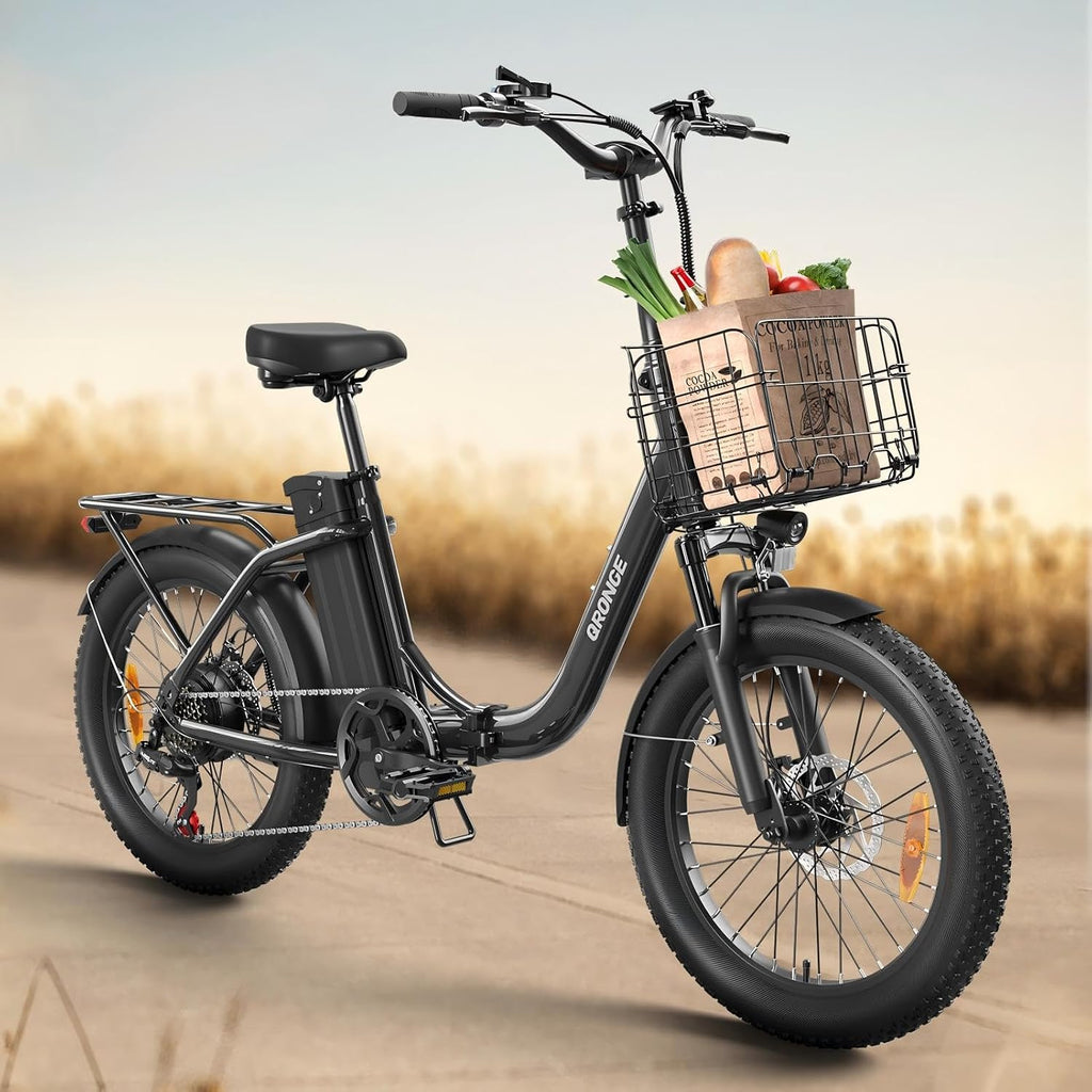 QRONGE Electric Bike, 1000W Peak Folding Electric Bike, 486Wh 70 Miles Range Ebike, Waterproof Removable Battery, 7 Speed, 25 MPH Max, 20' Step-Thru Bicycle with Front Basket