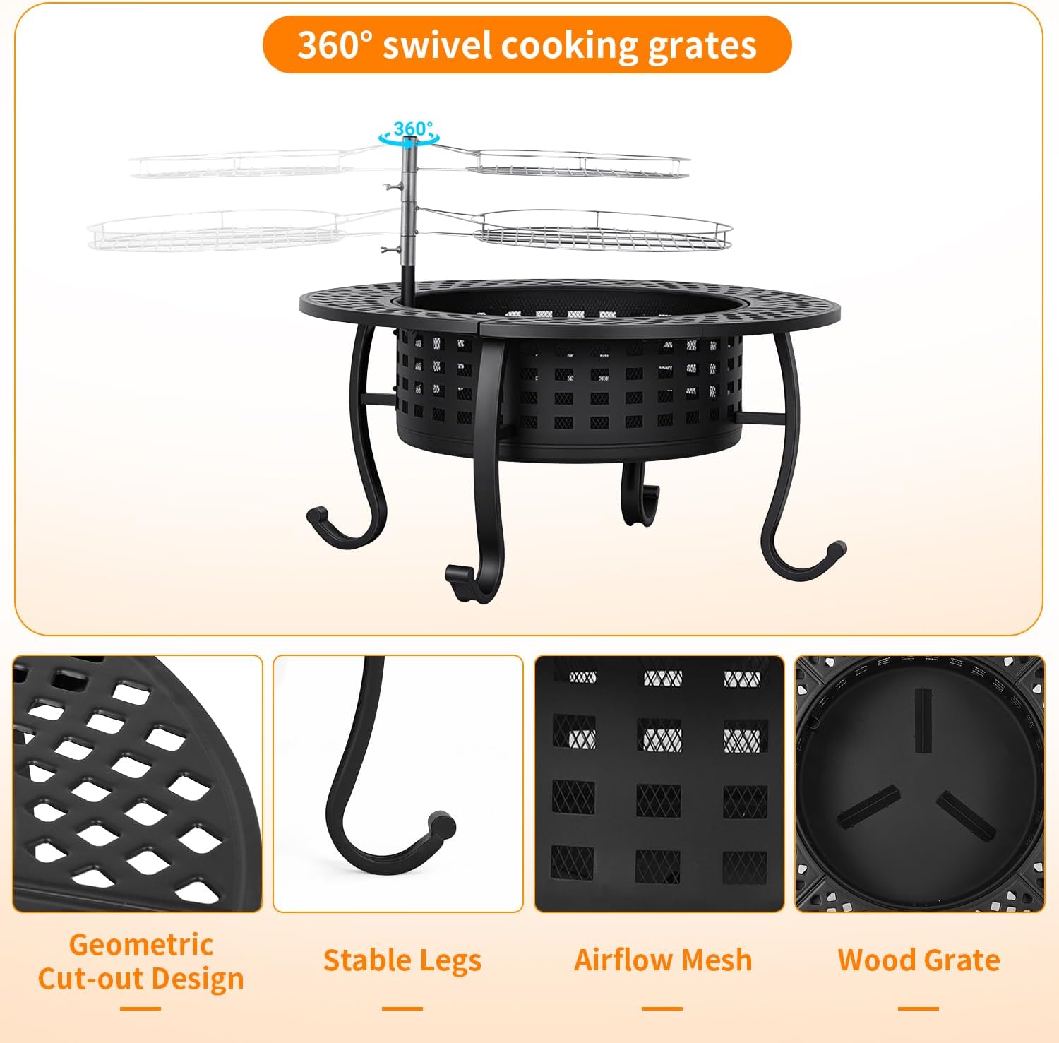 36 Inch Fire Pit with 2 Adjustable Grills, Wood Burning Outdoor Fire Pits with Lid, 3-in-1 BBQ & Fire Table for Backyard, Patio, Camping & Parties