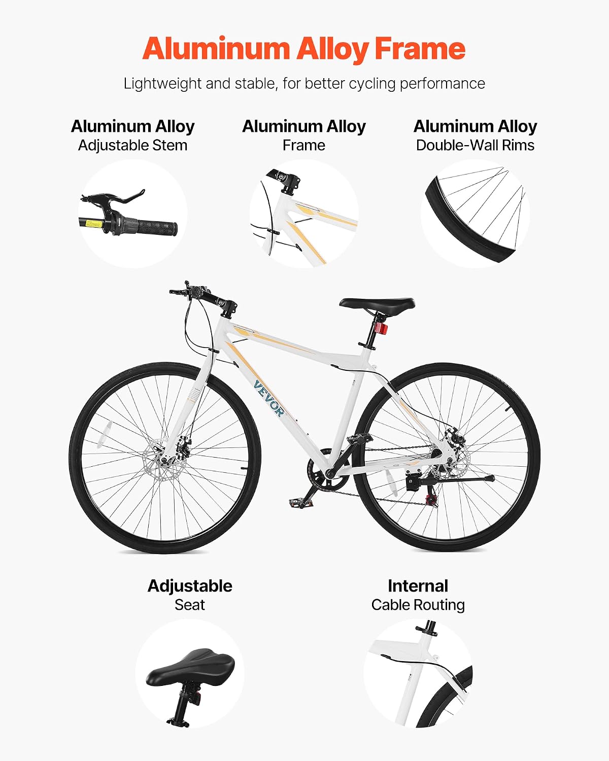 VEVOR Hybrid Bike, Lightweight Aluminum Frame Bike, 700c Wheel Men Women Hybrid Bicycle, Step-Over/Step-Through Adult Urban City Commuter Bikes, with 7/24 Speed, Alloy Adjustable Stem and Seat