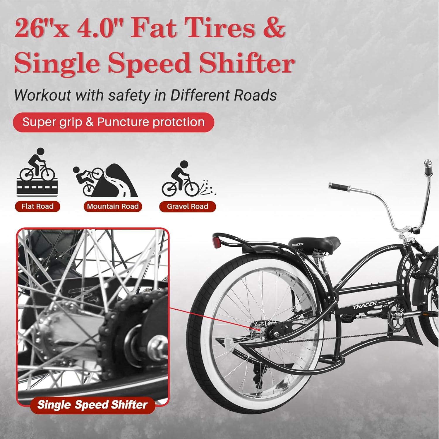 Tracer KRAKER PRO 26 Inch Stretch Chopper Bicycle for Adult,Single Speed Men Lowrider Bike with Oversized Hi-Ten Stretch Steel Frame,Front Wheel 26 * 3.5,Rear Wheel 26 * 4.0 Multiple Colors