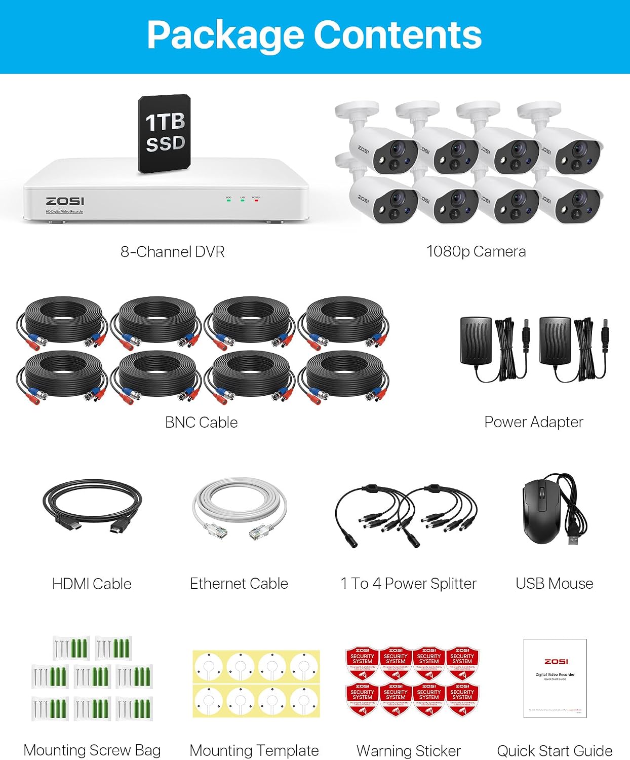 ZOSI C303 8CH Home Security Camera System with Audio, Person Vehicle Detection, Night Vision, Light & Sound Siren, 8pcs 1080P Outdoor Cameras, 8CH 3K Lite H.265+ DVR with 1TB SSD for 24/7 Recording