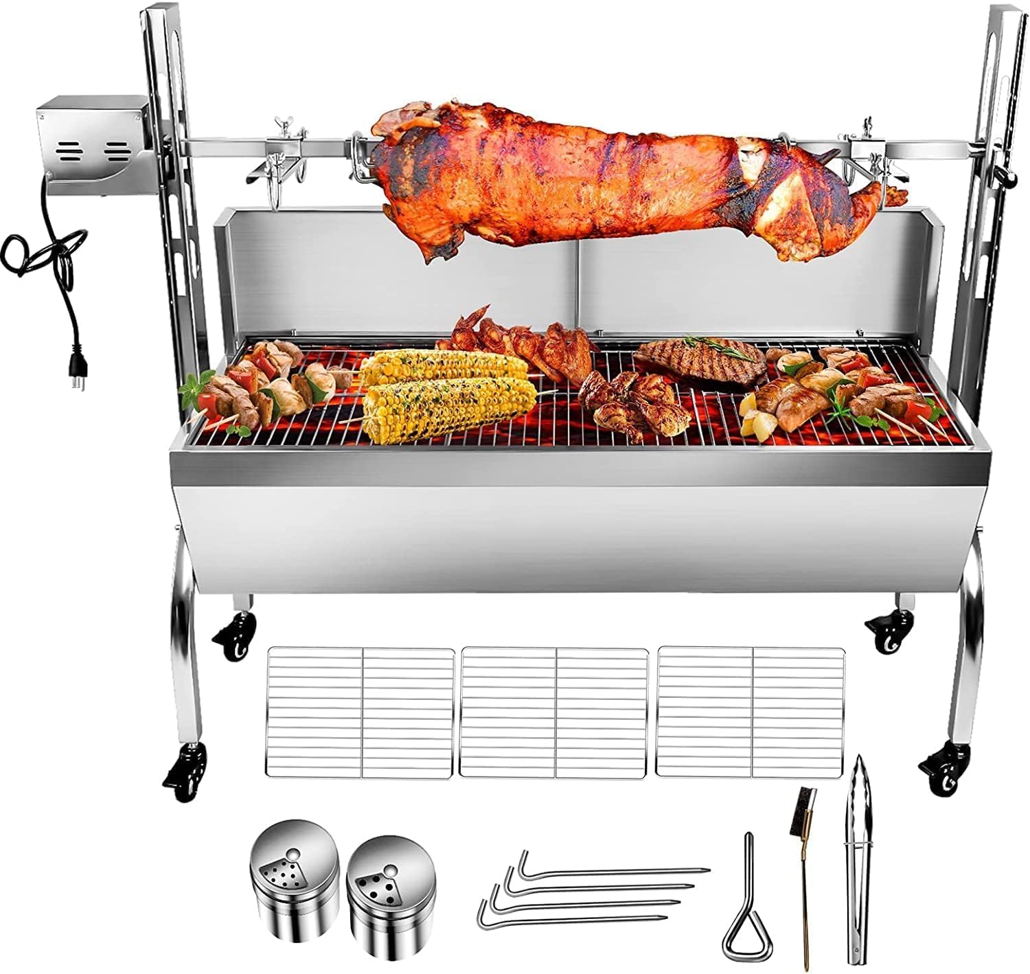 bbq rotisserie grill roaster charcoal roast machine charcoal bearing lamb spit roaster hog roasting machine for outdoor picnic camping height-adjustable (88LBS with baffle)