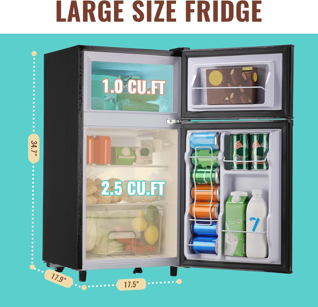 WANAI Small Refrigerator with Freezer 3.5 Cu.Ft Mini Fridge with Freezer on Top Double Door Small Fridge for Bedroom Dorm Room College Office Black