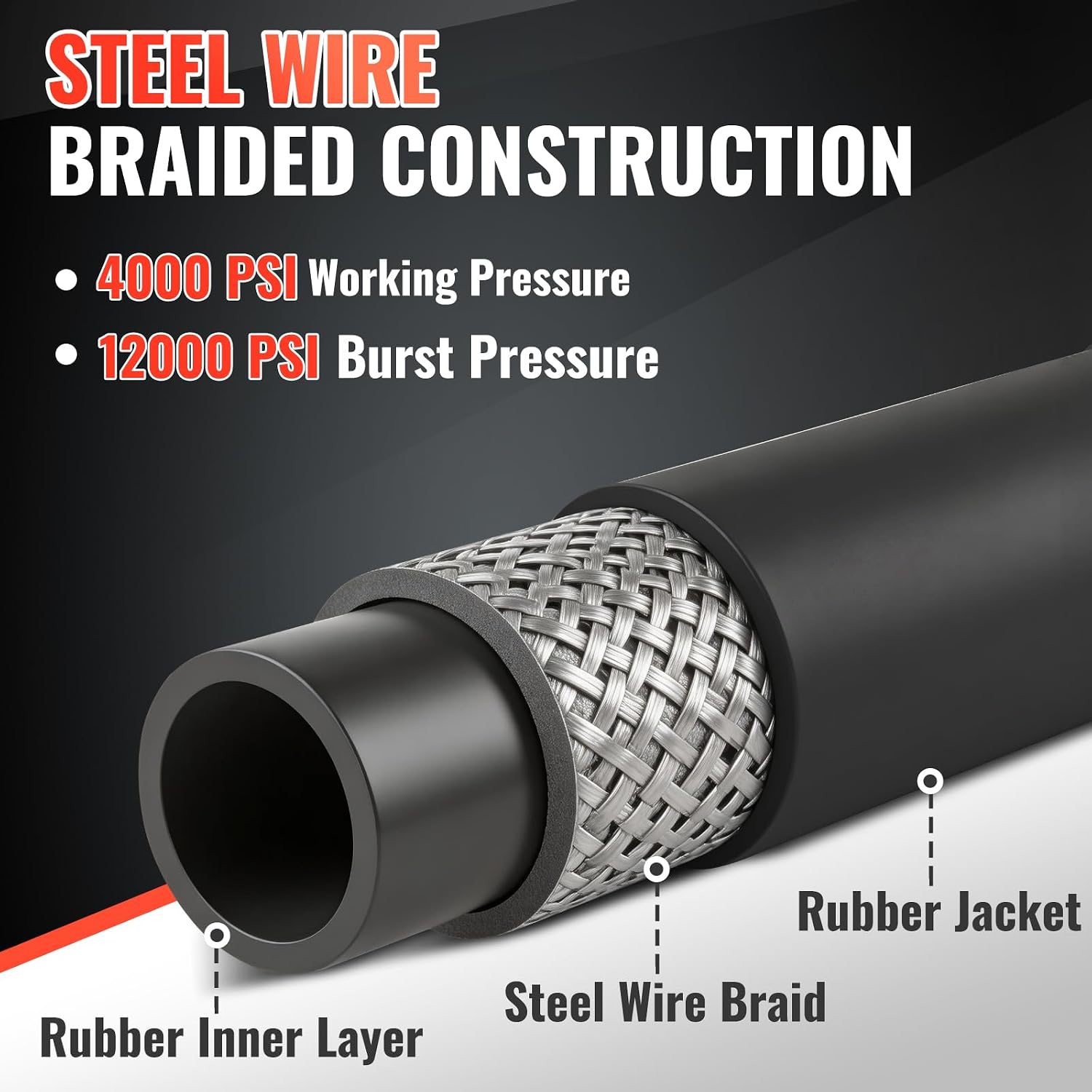 YAMATIC 3/8' Pressure Washer Hose 100 FT,4000 PSI Steel Wire Braided with 360 ° Swivel 3/8' Quick Connect, Rated 212°F Hot/Cold Water, Steel Braided Rubber Hose for Professional Gas Cleaning