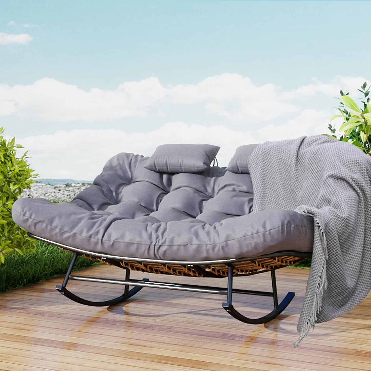 ROCSUMOO Double Outdoor Rocking Papasan Chair, Oversized Rocking Chair for 2-Person, Loveseat Rocker with Soft Cushion & Rattan Frame, Large Lounge for Patio Garden Balcony (Gray)