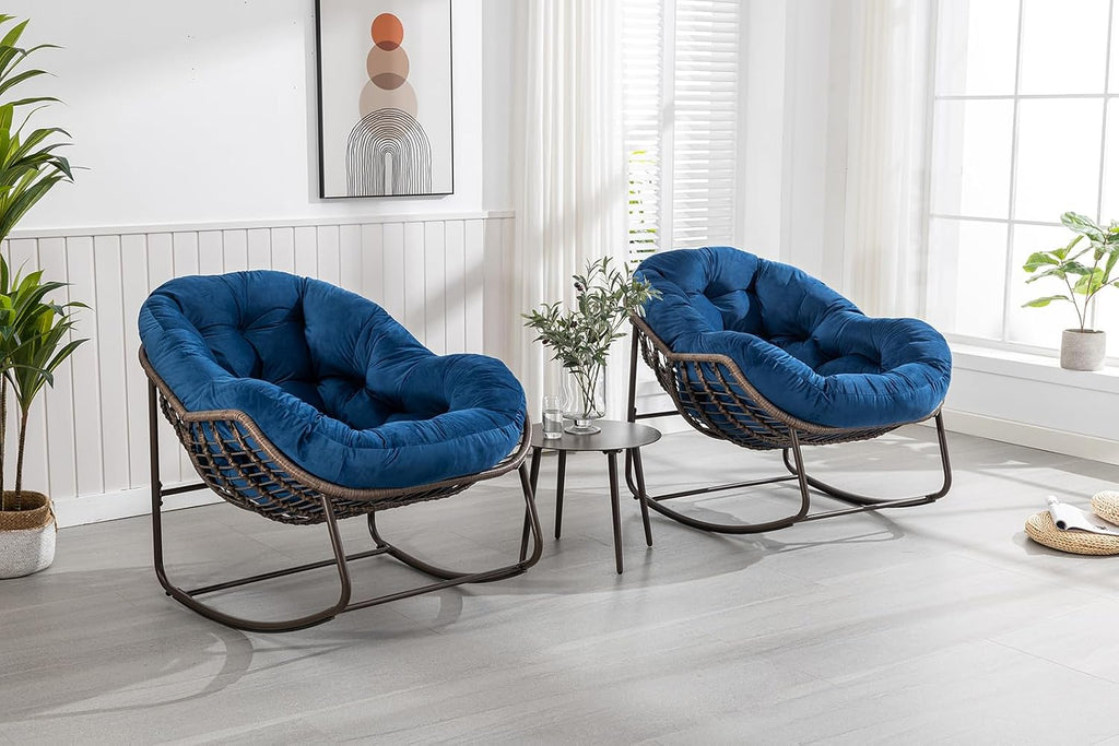 Deolme Large Papasan Rocking Chair with Cushion, Oversized Comfy Reading Chair Lounging Indoor Outdoor Rocker for Front Porch Backyard Bedroom Living Room Egg Chair Rattan (Blue Padded)