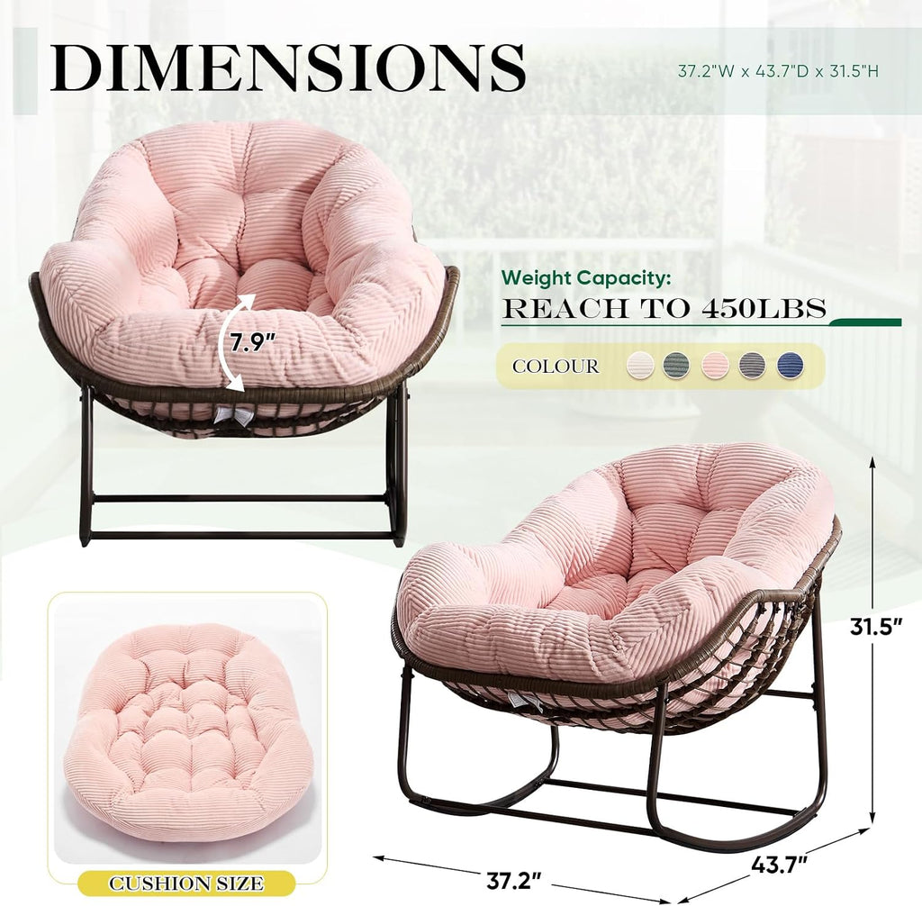 Deolme Large Papasan Rocking Chair with Cushion, Oversized Comfy Reading Lounging Indoor Outdoor Rocker for Front Porch Backyard Bedroom Living Room Egg Chair Rattan (Pink)