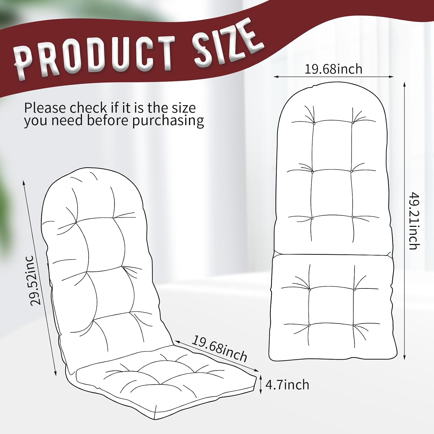 4 Pack Adirondack Chair Cushion, Waterproof Rocking Chair Cushion - Fade Resistant Patio Furniture Cushions, Thickened Patio Chair Pad for Outdoor and Indoor, 49x20x5 Inch