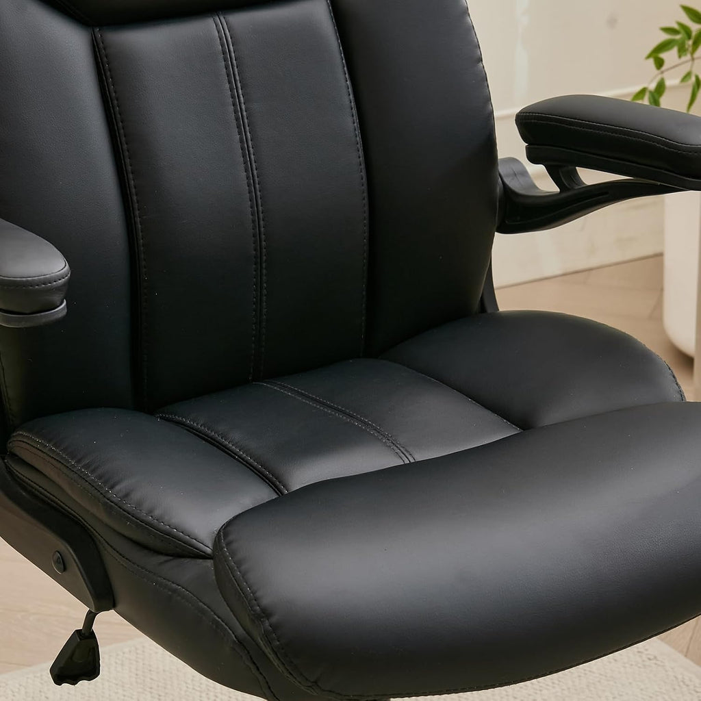 PU Leather Office Chair Comfy Home Office Desk Chairs, Ergonomic Executive Chair with Tilt Lock Back Support 360° Swivel, Small Computer Chair with Wheels and Padded Flip-Up Arms | Black