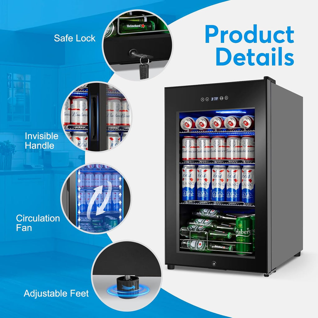 FoMup Beverage Refrigerator 17 inch Wide - 126 Can Beverage Cooler with Glass Door | Counter-Top/Freestanding Mini Beverage Beer Fridge | Temperature Memory | Invisible Door | Perfect for Soda,Beer