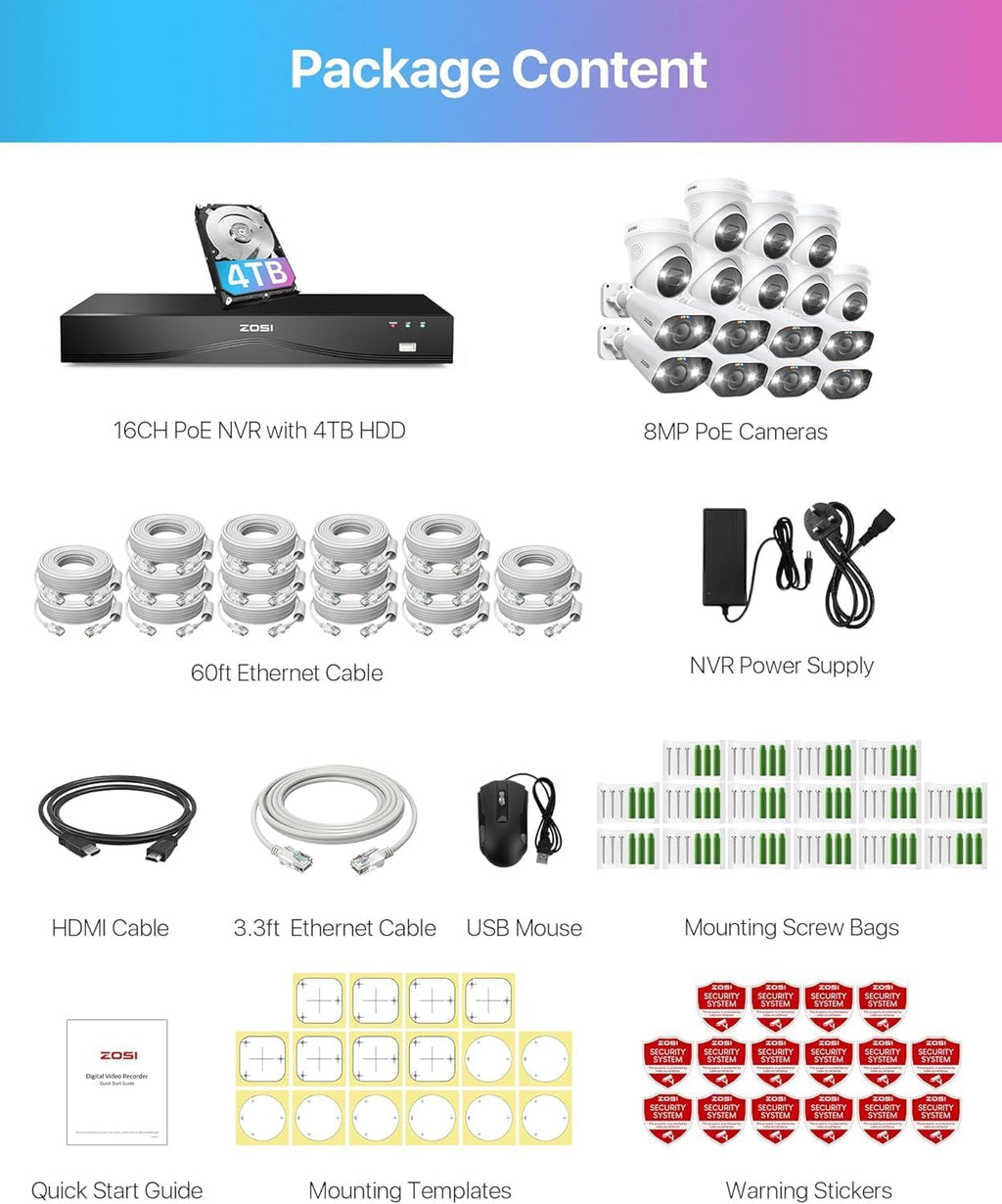 ZOSI 32 Channel 4K PoE Security Camera System,16x 8MP Outdoor Indoor Cameras,AI Human Vehicle Detection,Two-Way Talk,Color Night Vision,32CH 16 Port Commercial NVR 4TB HDD Surveillance for Business