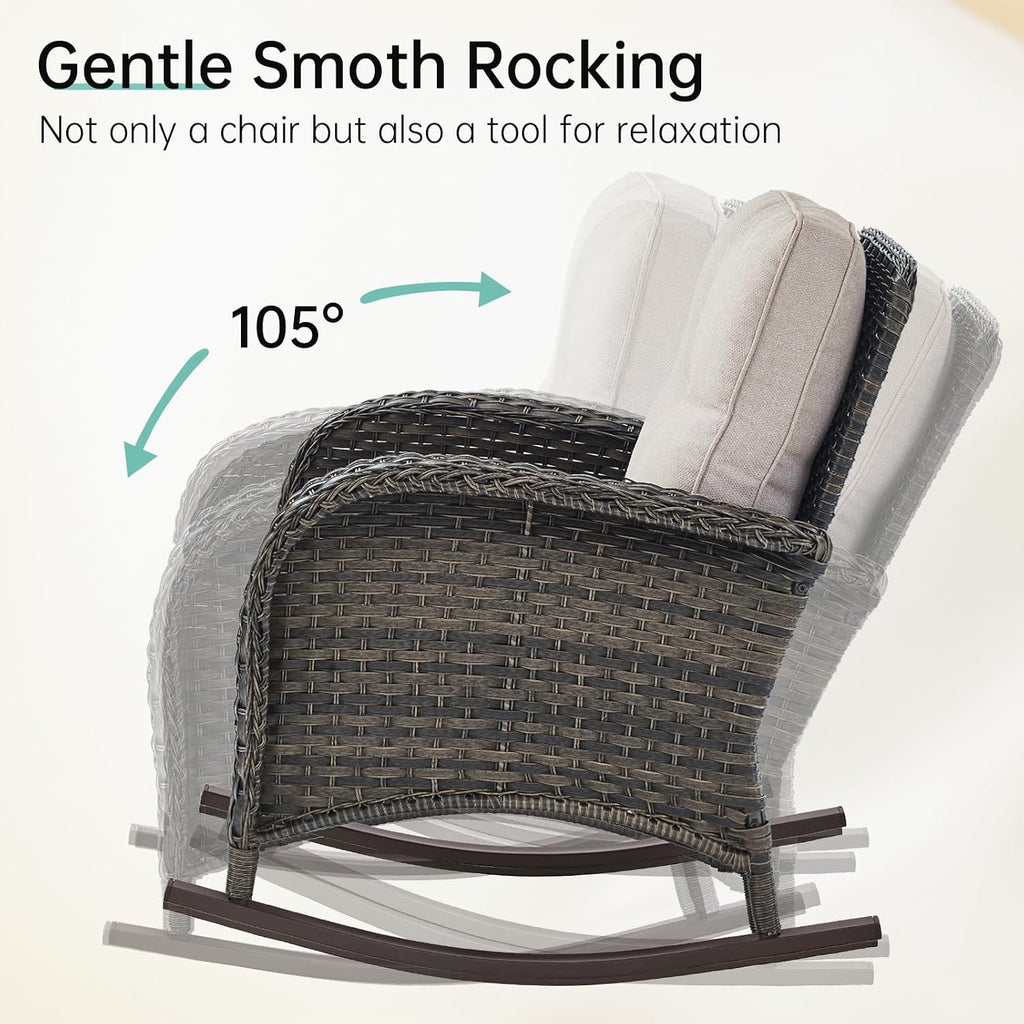 Patio Rocking Chair - 5 Peices Outdoor Wicker Rocker Porch Chair Set with Tempered Glass Side Table, and 2 Ottoman, Rattan Seating for Balcony Garden Brown/Beige