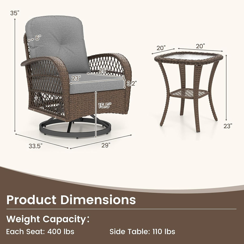 Tangkula 3 Piece Patio Swivel Rocker Set, 2 Outdoor Wicker Rocking Chairs with Tempered Glass Side Table, Outside Gliding Bistro Furniture Set with Thick Cushions for Porch, Yard, Balcony (Gray)
