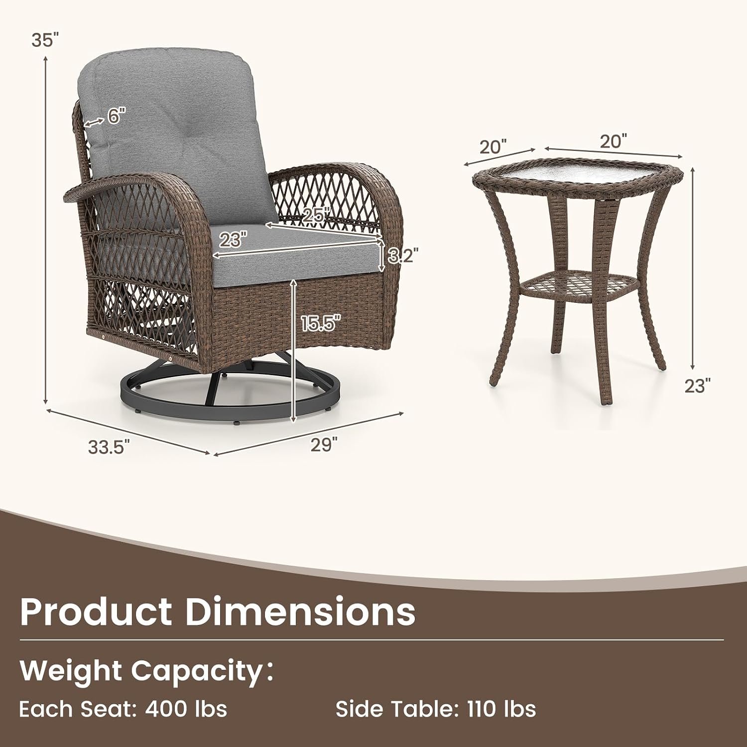 Tangkula 3 Piece Patio Swivel Rocker Set, 2 Outdoor Wicker Rocking Chairs with Tempered Glass Side Table, Outside Gliding Bistro Furniture Set with Thick Cushions for Porch, Yard, Balcony (Gray)