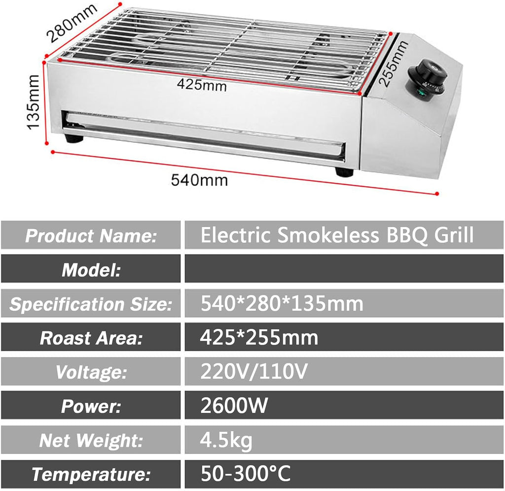 Premium Indoor Smokeless Electric Grill, 2600W Health BBQ Grill with Adjustable Temperature, Grill Surface 425x255 mm, Includes Water Filled Drip Tray to Reduce Smoke and Smell, BBQ Barbecue