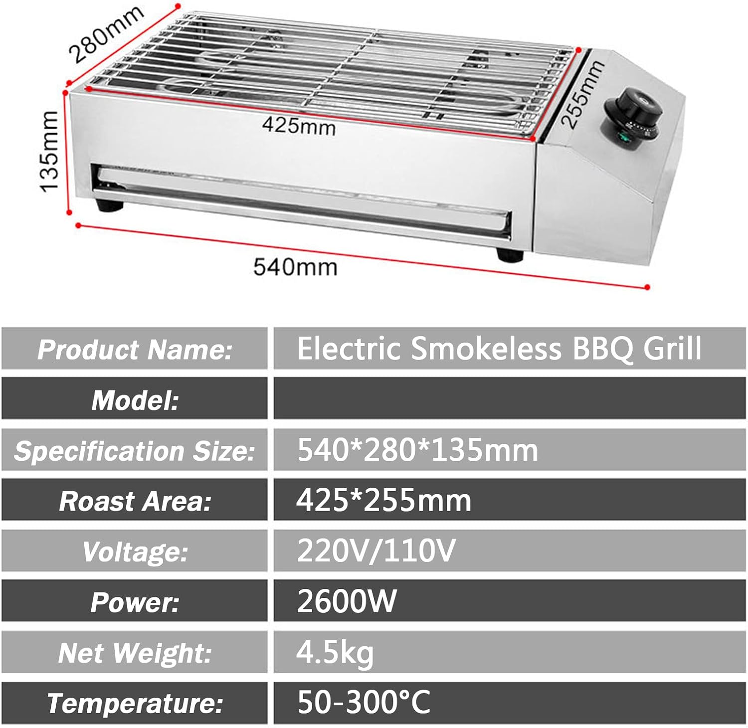 Premium Indoor Smokeless Electric Grill, 2600W Health BBQ Grill with Adjustable Temperature, Grill Surface 425x255 mm, Includes Water Filled Drip Tray to Reduce Smoke and Smell, BBQ Barbecue
