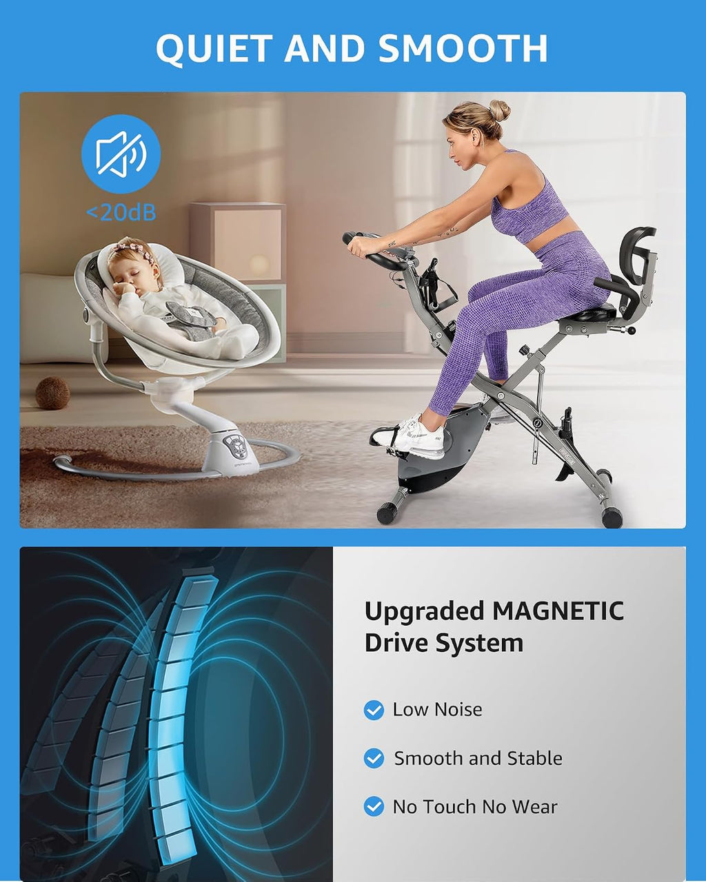 USLIM Foldable Exercise Bike Stationary Bikes for Home, 5 IN 1 Indoor Workout Bike, Cycling Bike with 16-Level Quiet Magnetic Resistance, 6.6 LBS Flywheel and 300LBS Capacity for Senior and Home Workout