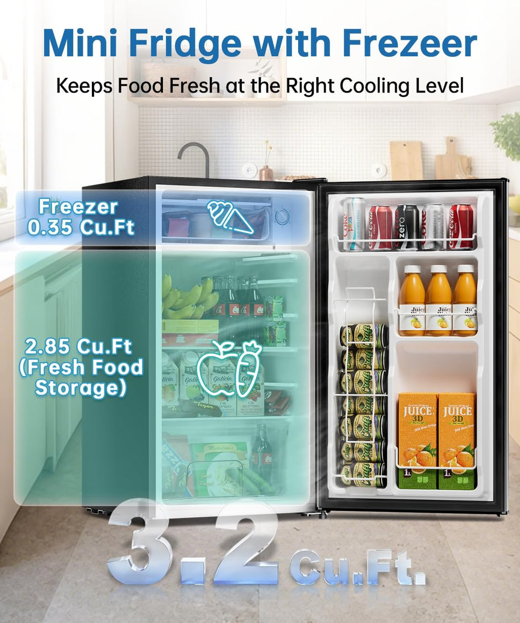 3.2 Cu Ft Mini Fridge with Freezer - Energy Efficient, Large Capacity Single Door Upright Freezer for Bedroom, Office & Dorm | Small Fridge, Reversible Door, ETL Certified(Silver)