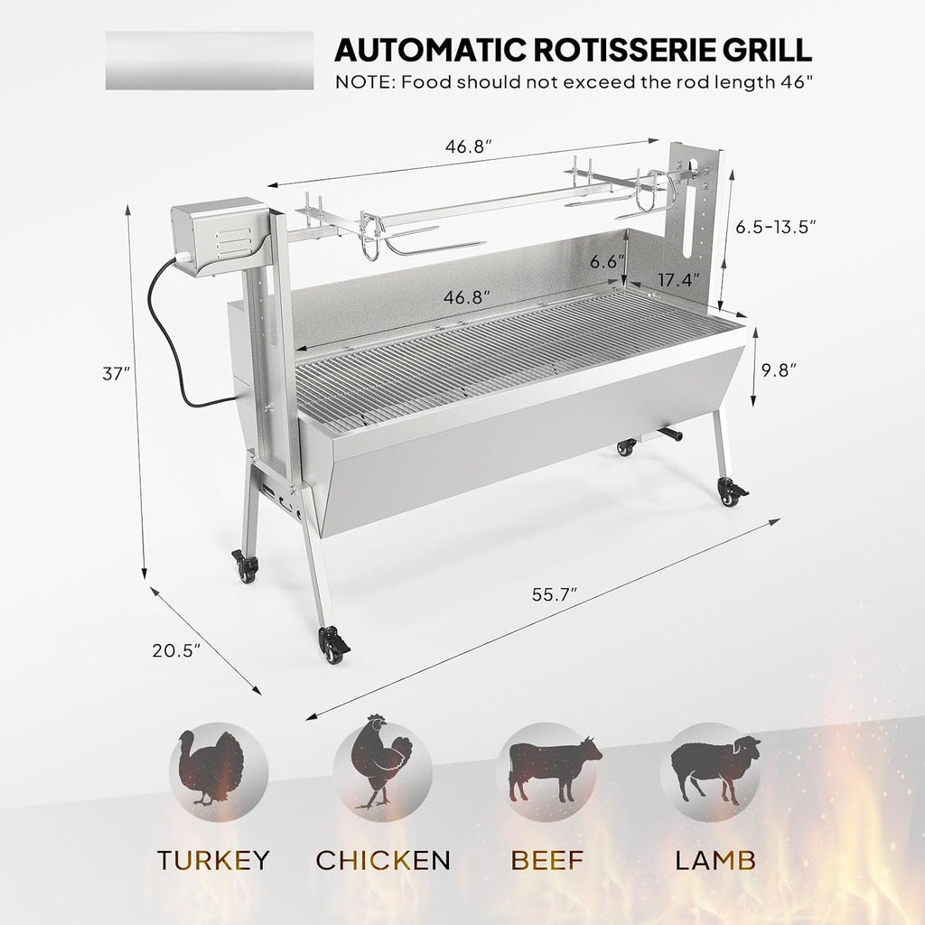 Bonnlo Electric Rotisserie Grill, 46' Pig & Lamb Roaster, Charcoal Spit Rotating Grill with Wind Screen, 176 lbs Capacity Stainless Steel Lechon Grill Kit for Camping & Outdoor BBQ