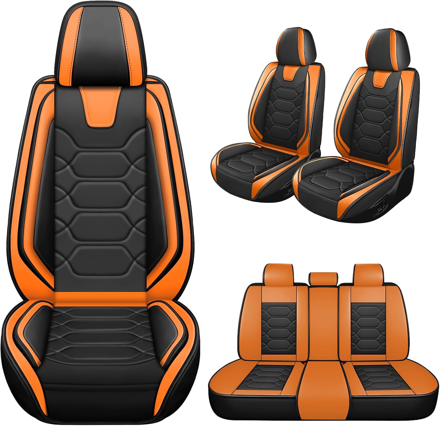 Car Seat Covers Full Set for Honda Civic 2000-2025,Durable Waterproof Luxury Universal,Easy to Install Napa Leather Cover Set for Cars,Full Seats,Black Orange