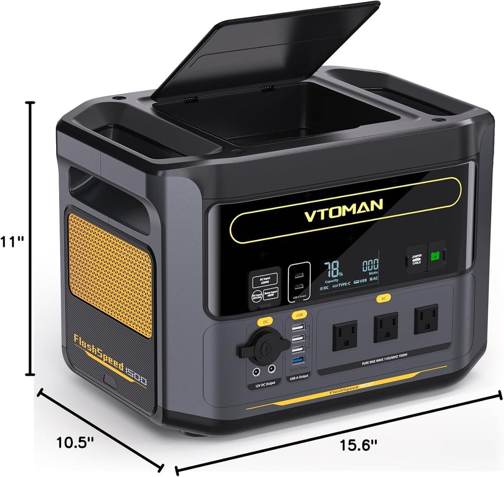 VTOMAN FlashSpeed 1500 Portable Power Station 1548Wh - Recharge 0-100% within 1H, LiFePO4 Battery Powered Solar Generator with 110V/1500W AC Output/Input, 100W USB Port for Camping, Emergency