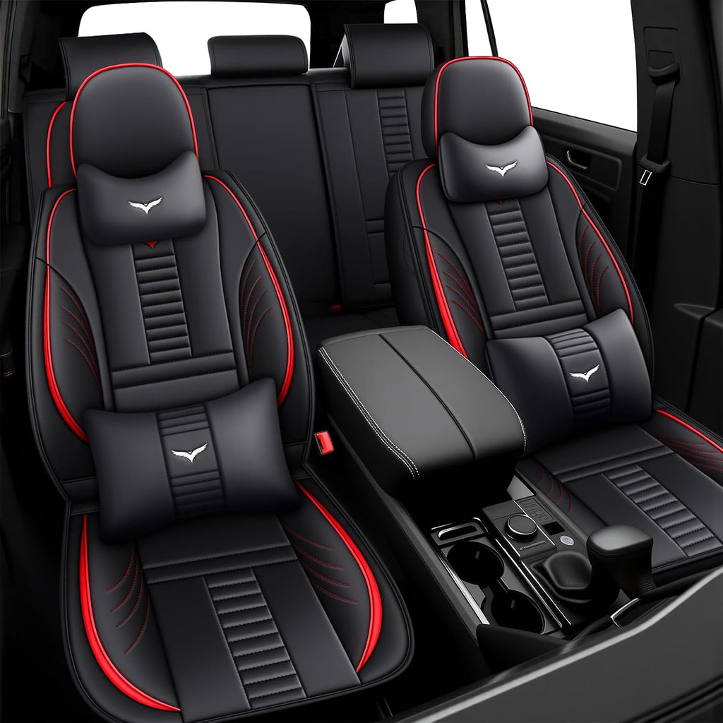 5 Car Seat Covers for Chevy Camaro 2001-2025,Waterproof Seat Covers Full Set with Storage Pockets,Easy to Install Cover Set with Airbag,Auto Vehicle Cushion with Pillows(Luxury,Red,Black)