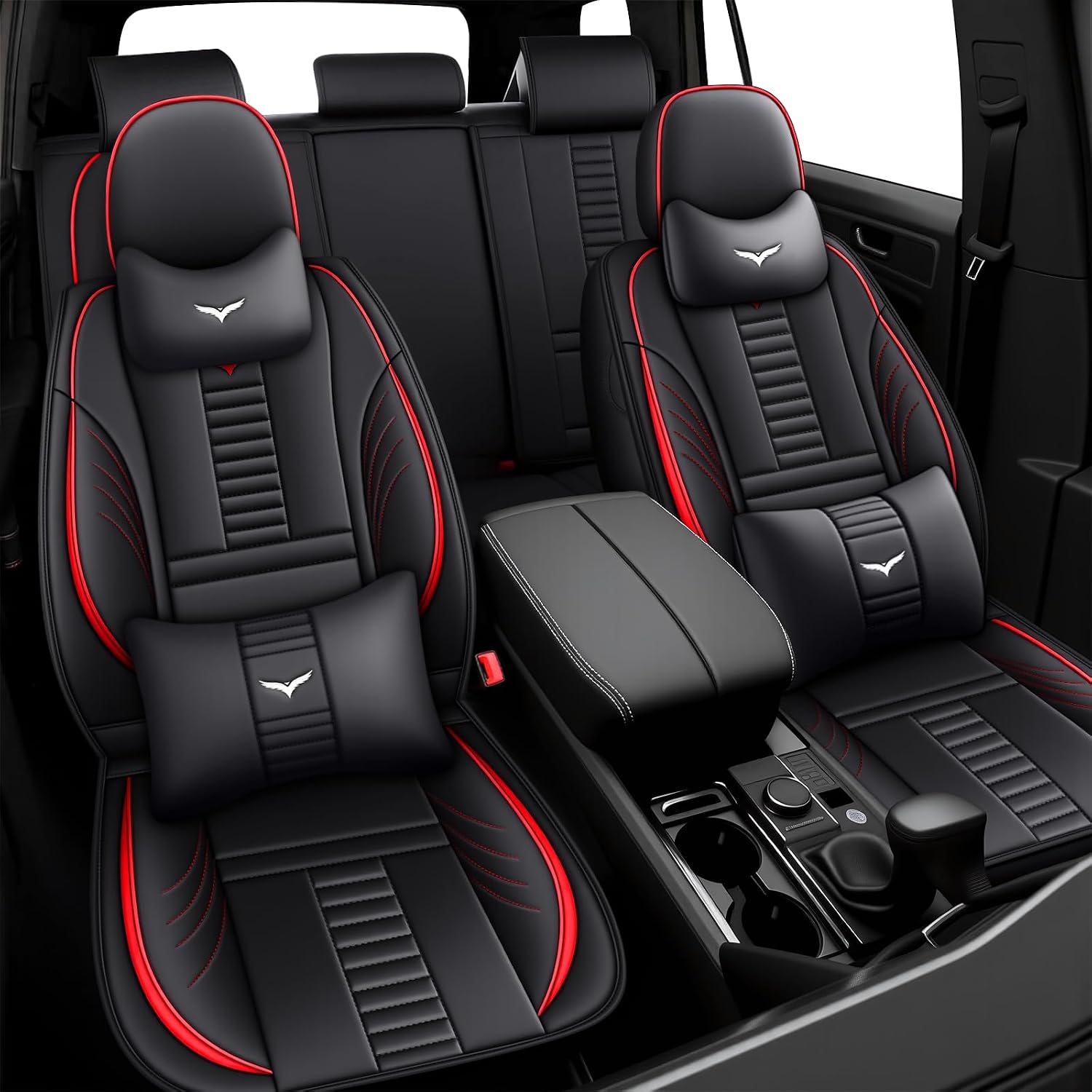 5 Car Seat Covers for Chevy Camaro 2001-2025,Waterproof Seat Covers Full Set with Storage Pockets,Easy to Install Cover Set with Airbag,Auto Vehicle Cushion with Pillows(Luxury,Red,Black)