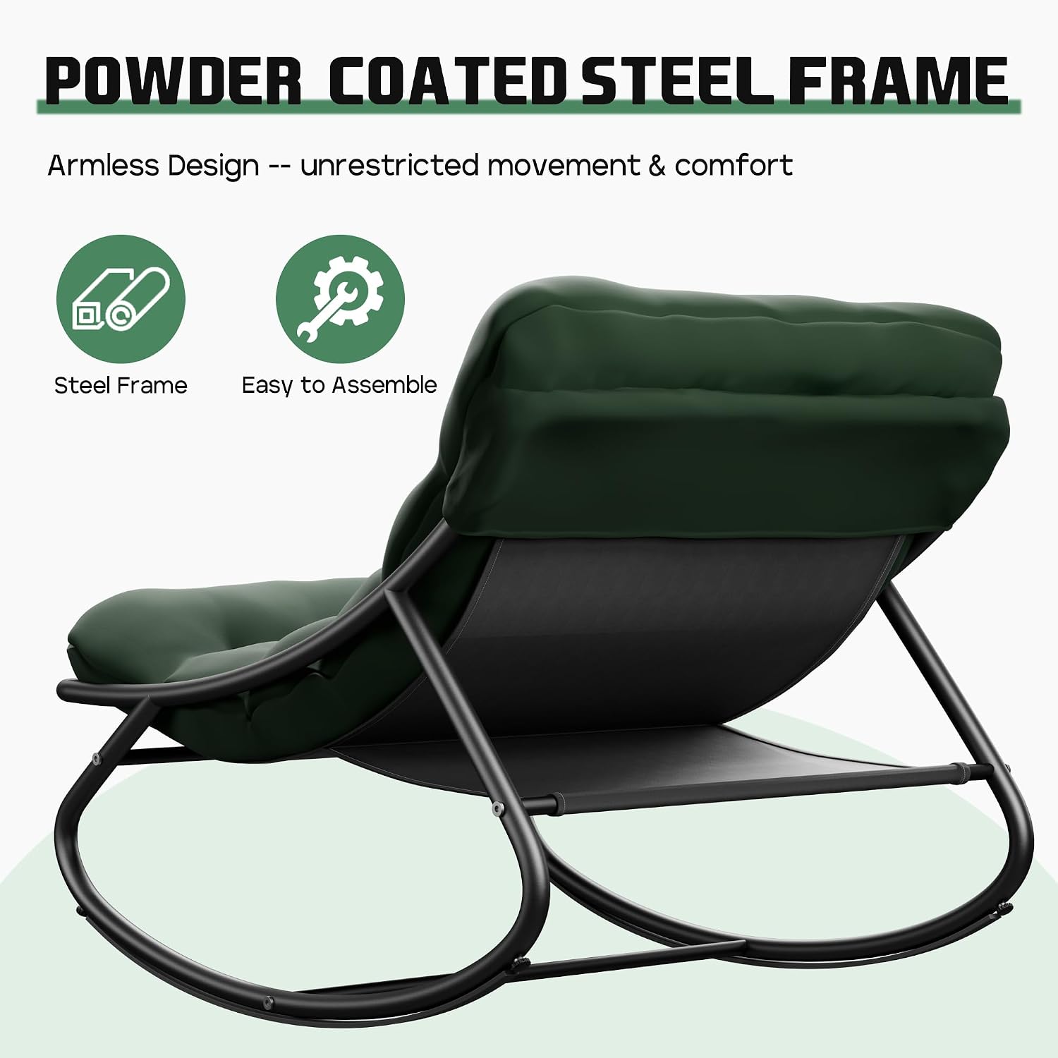 Outdoor Rocking Chair, Oversized Patio Papasan Rocking Chair with Cushion, Modern Comfy Lounge Rocker Chairs for Indoor Balcony Porch (Green)
