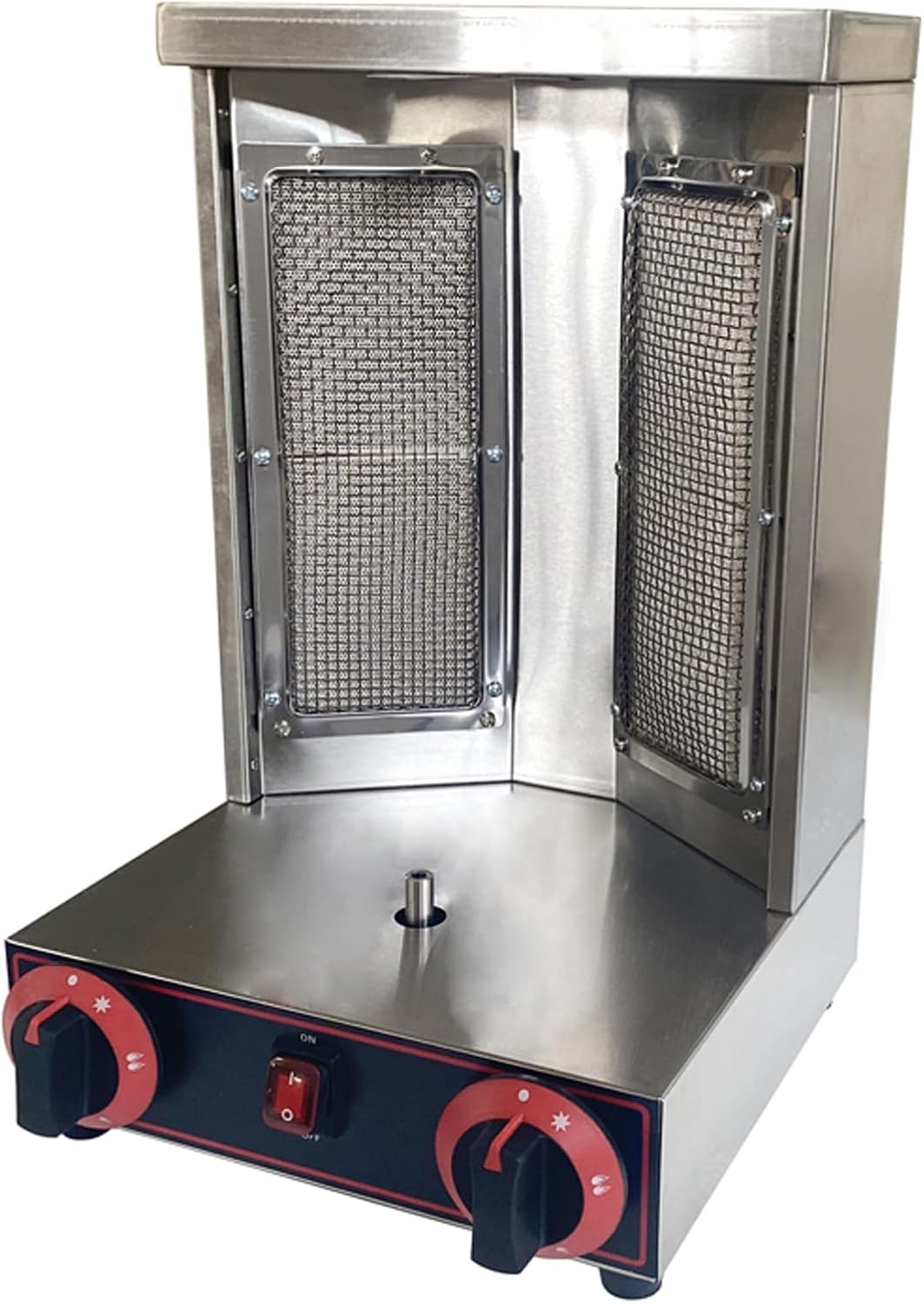 LP Gas Shawarma Gyro Grill 2 Burners Commercial Stainless Steel Vertical Broiler Kebab Machine Adjustable Temperature with Meat Catch Pan and Rotating Doner for Home Restaurant Kitchen