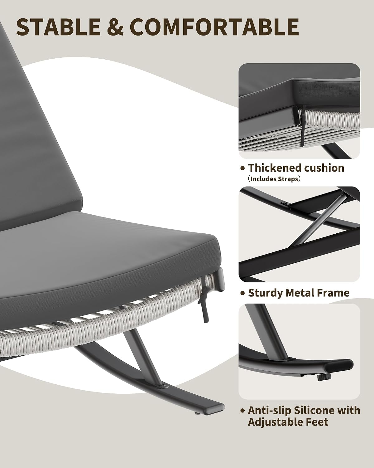 GarveeLife Outdoor Rocking Lounge Chair Set of 2, Patio Chaise Lounge with Removable Cushion for Napping Relaxing, Indoor Reclining Papasan Rocker Chair, Grey