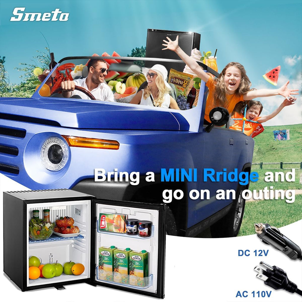 SMETA Mini Fridge with Lock and Key Quiet Lockable No Noise Absorption Mini Medical Refrigerator with Lock 12V/110V Compact Portable DC Locking Fridge for Office Van Storage Dorm, 1.0 Cu.Ft, Black