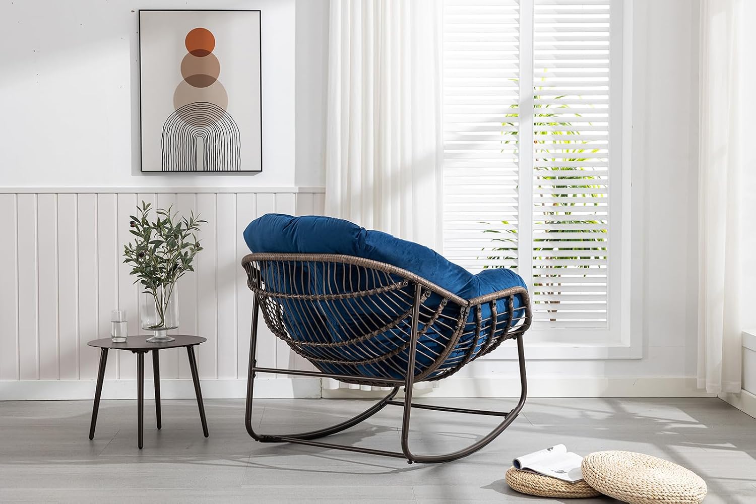 Deolme Large Papasan Rocking Chair with Cushion, Oversized Comfy Reading Chair Lounging Indoor Outdoor Rocker for Front Porch Backyard Bedroom Living Room Egg Chair Rattan (Blue Padded)